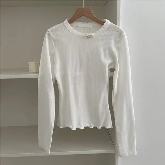 Sweet Lace Trim Long Sleeve Tee Women Summer New Streetwear Casual O-neck Bow Tshirt Tops Vintage Cute Preppy Style T-shirts Y2K
