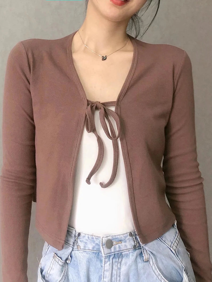 Sweet Slim Cotton Knitted Cardigan Tops Women Autumn New Cotton Solid Harajuku Long Sleeve Tee Vintage Chic Y2K Lace-up T-shirts