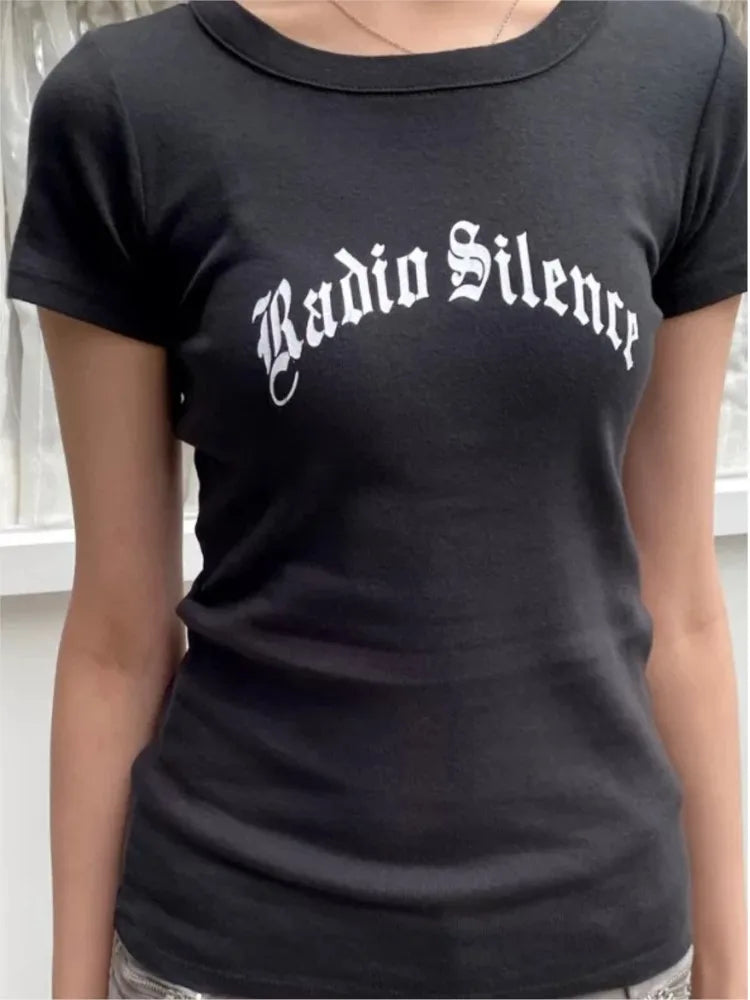 Fashion Letter Print T-shirts Women Summer Casual Slim Cotton O-neck Short Sleeve Tees Vintage Streetwear Simple Tshirt Y2K