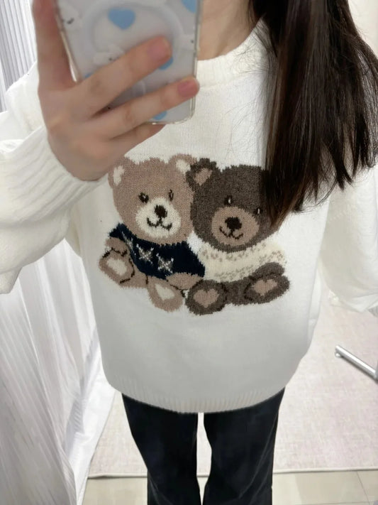 Bear Jacquard Graphic Knitted Sweater Women Autumn Y2K O-Neck White Long Sleeve Pullover Tops Preppy Style Loose Cute Jumper New