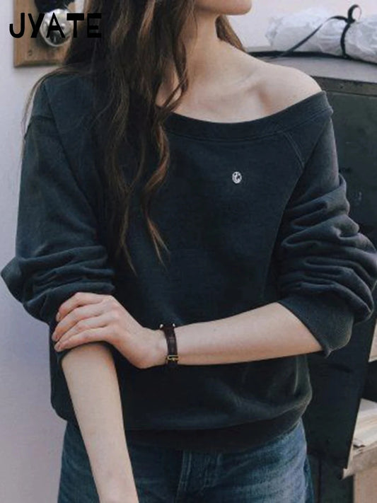 American Slanted Collar Loose Sweatshirts Women Autumn Cotton Casual Long Sleeve Hoodie Vintage Street Chic Pullovers Y2K Tops