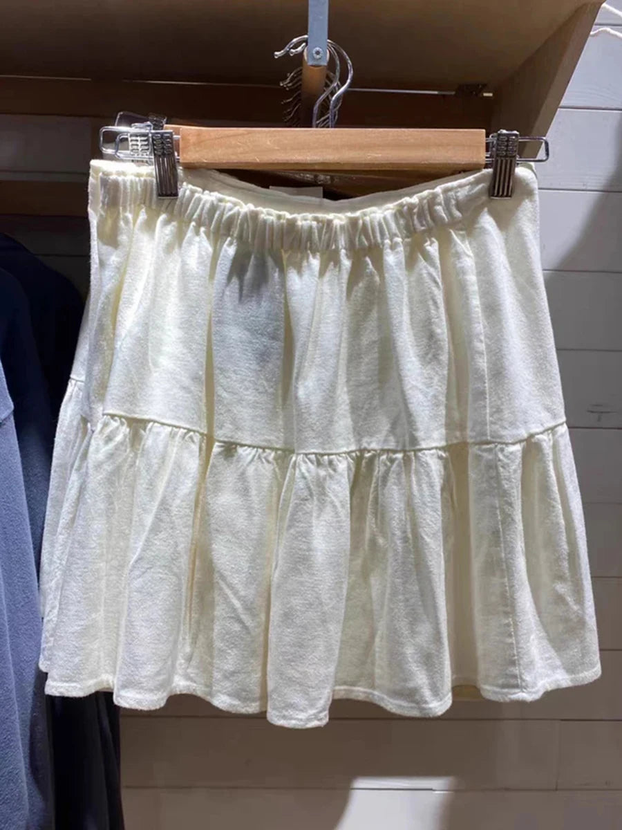 Beige Lace-up A-line Shirks Women New Cotton High Waist Elastic Ruffles Hem Sweet Mini Skirts Vintage Cute Streetwear Chic Falda
