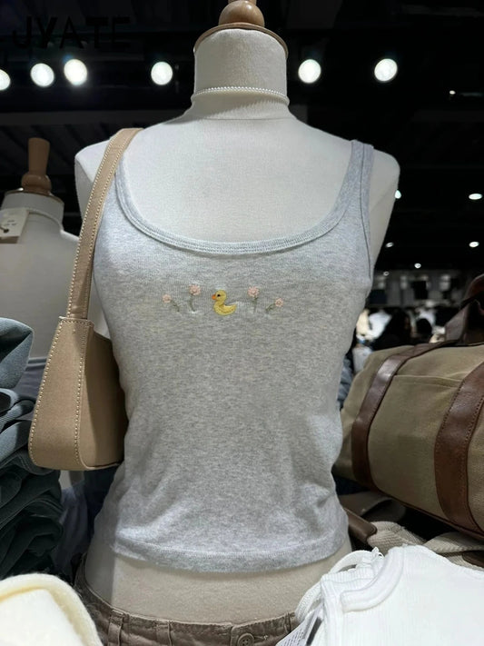 Cute Duck Daisy Embroidery U-neck Tank Tops Women New Cotton Casual Preppy Style Sleeveless Vest Sweet Vintage Chic Camisole Y2K