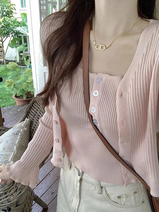 Pink Knitted V-neck Sweater Cardigan Women New Slim Casual Preppy Long Flare Sleeve Jumper Tops Sweet Cute Chic Y2K Sweater Coat