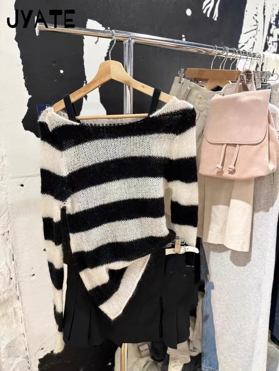 Retro Striped Knitted Long Sleeve T-Shirt Women Sweetwear Scoop Neck Cotton Thin Smock Autumn Vintage Sweet Tee Shirt Tops Y2K