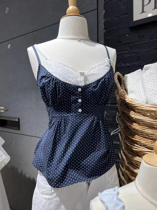 Navy Dot Slim Buttons Tank Top Woman Summer New Lace Trim V-neck Back Lace-up Cotton Camis Clothes Vintage Sweet Crop Tops Y2K