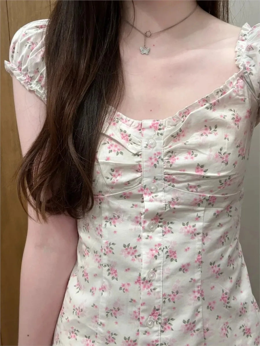 Navy Floral Folds Ruffle Sleeveless Tank Tops Women Summer New Single Breasted Blouse Top Vest Vintage Sweet Preppy Style Camis