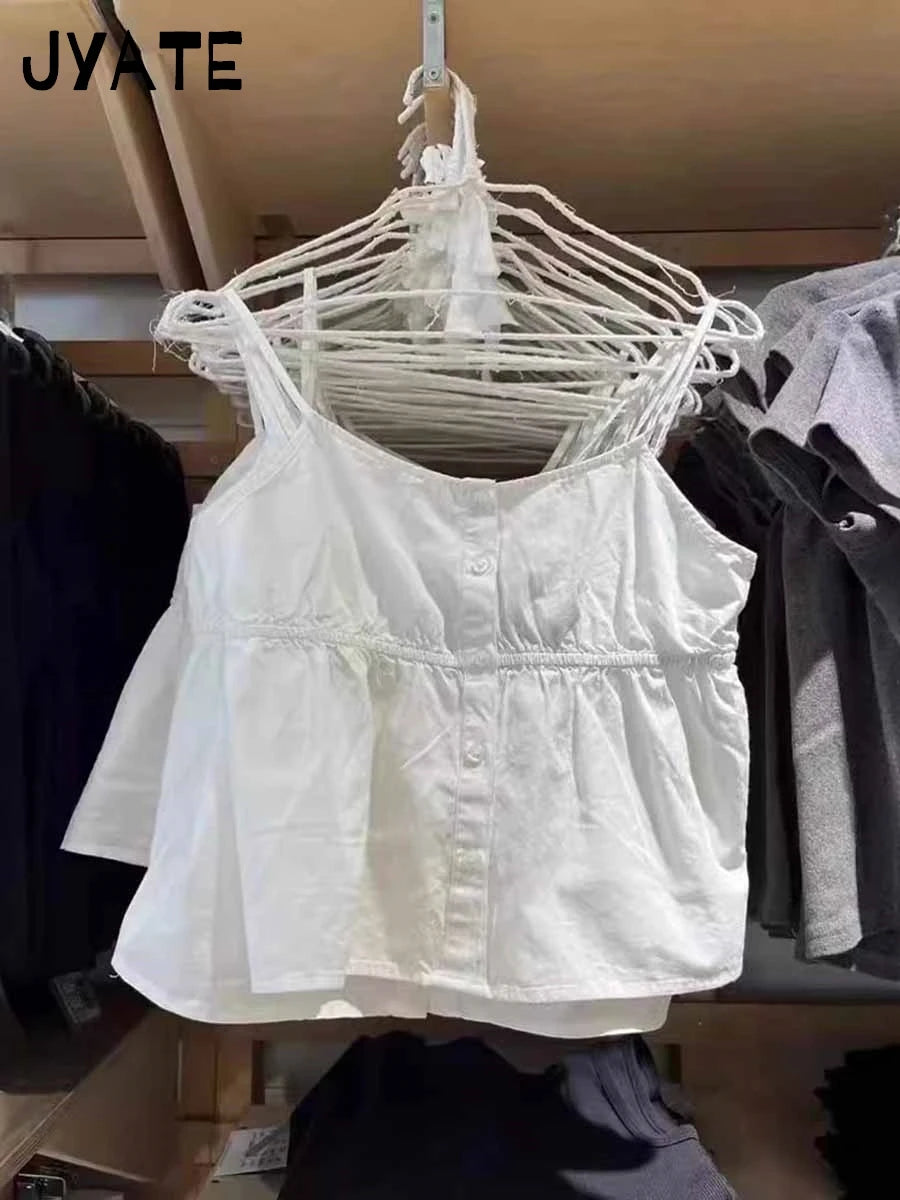 Vintage Single Breasted Cotton Tank Tops Women Elastic Waist Casual Preppy Style Sleeveless Vests Sweet Cute Streetwear Camisole