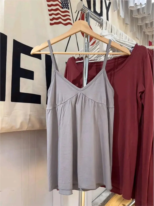 Retro V-neck Gray Camisole Women Summer Casual All-match Streetwear Loose Sleeveless Vests American Simple Camis Y2K