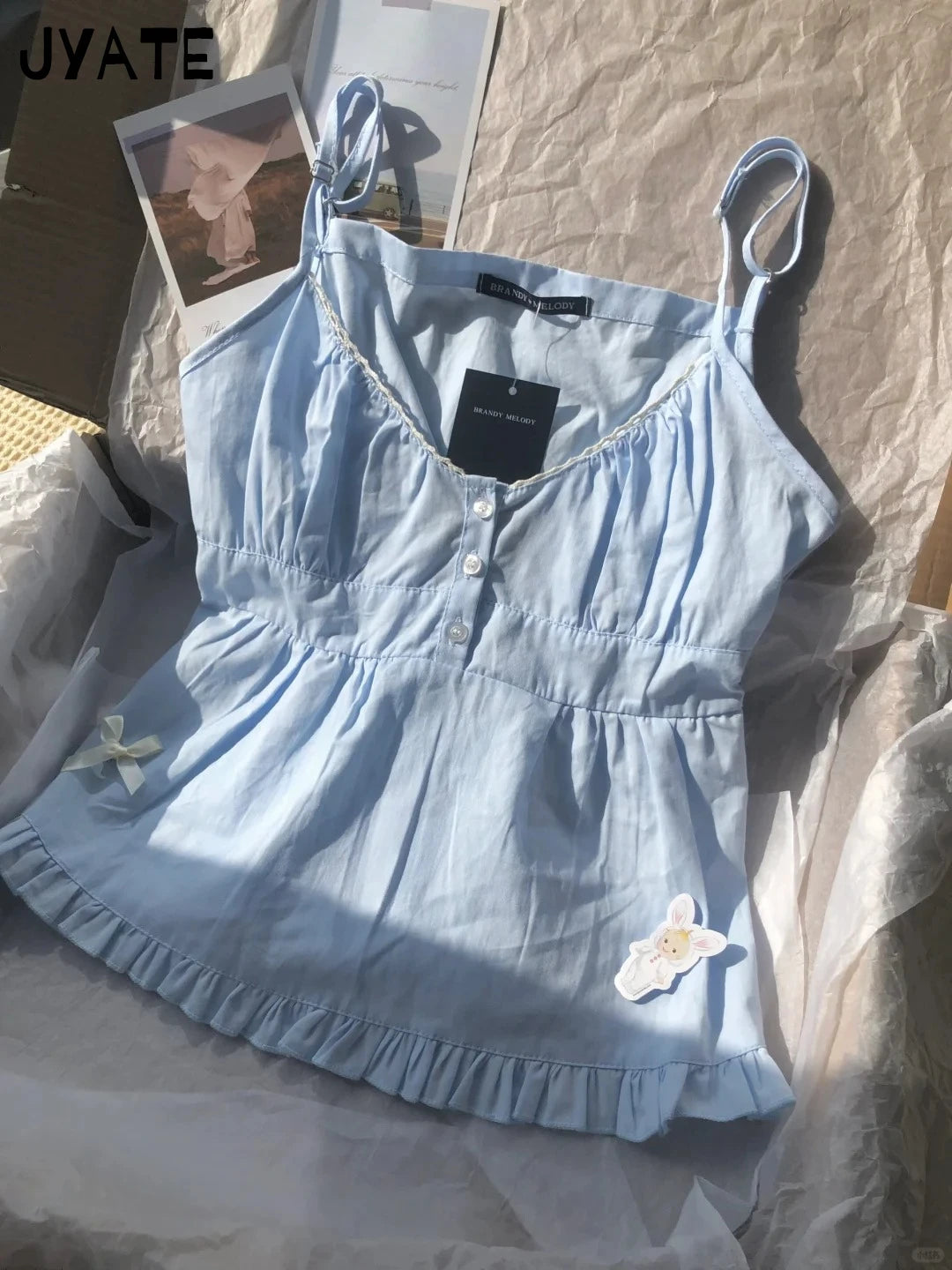 Sweet Blue Lace Trim V-neck Bow Sleeveless Vests Women New Cute Cotton Casual Back Strap Tank Tops Simple Vintage Chic Y2K Camis
