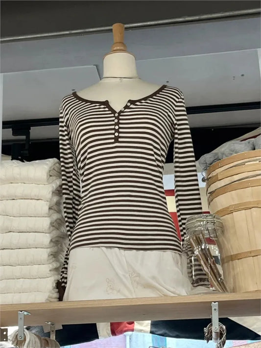 Brown Striped Buttons T-shirts Women Casual Chic Cotton Patchwork Long Sleeve Tees Vintage Preppy Style Slim Tshirt Y2K Tops New