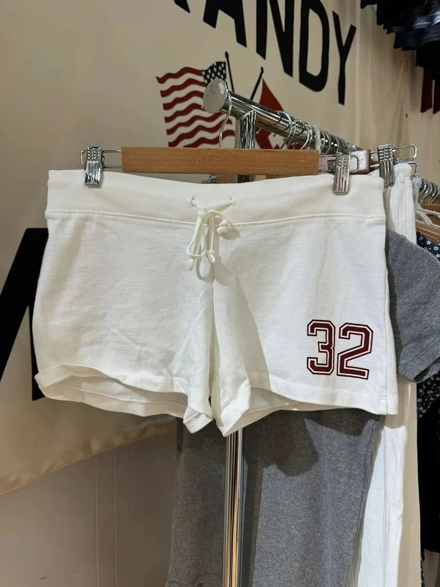 White Letter Embroidery Sweatshorts Woman Summer Low Waist Drawstring Straight Short Pant Female Casual Sweet Sport Shorts