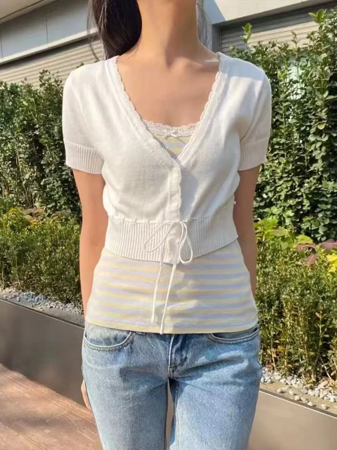 Solid Drawstring Slim Cropped Knitwear Top WomenV-neck Short Sleeve Cotton Thin Short T-shirts Sweet Casual Simple Crop Tops