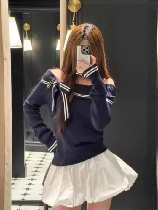 Off-the-shoulder Bowknot Sweater for Women Preppy Style Loose Tie-up Knitted Tops Vintage American Sweet Sweaters