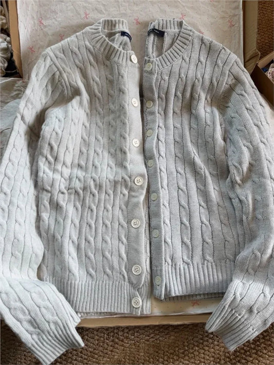 Solid Knit Twist Sweater Coat Women Autumn O-neck Button Loose Casual Solid Jumper Tops Vintage Harajuku Y2K Chic Cardigan