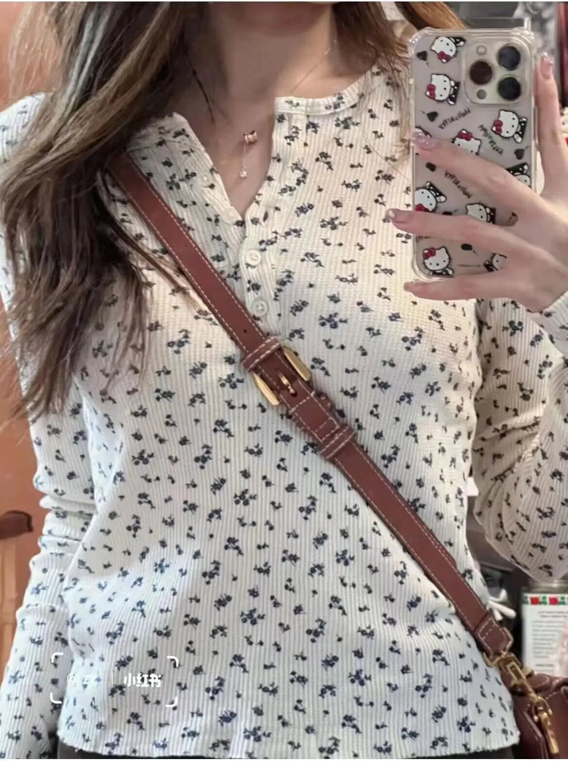 Waffle Pink Floral Long Sleeve T-Shirt Women Buttons Round Neck Cotton Slim Tee Top Sweet Cute Preppy Style Y2K Tshirt