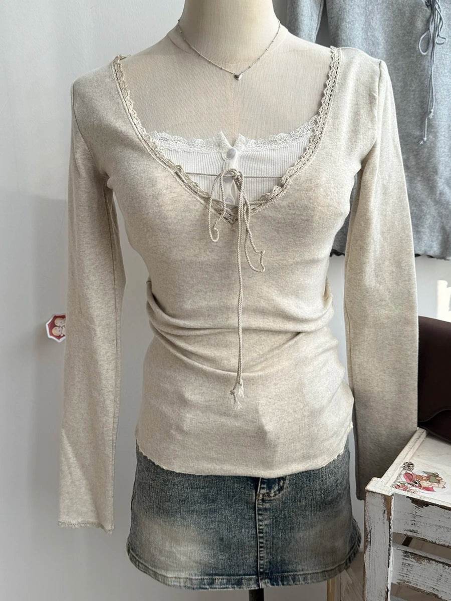 Lace Trim Long Sleeve Tees Women Spring Streetwear Cotton Slim V-neck Lace-up Tops Sweet Cute Pink Chic T-shirts