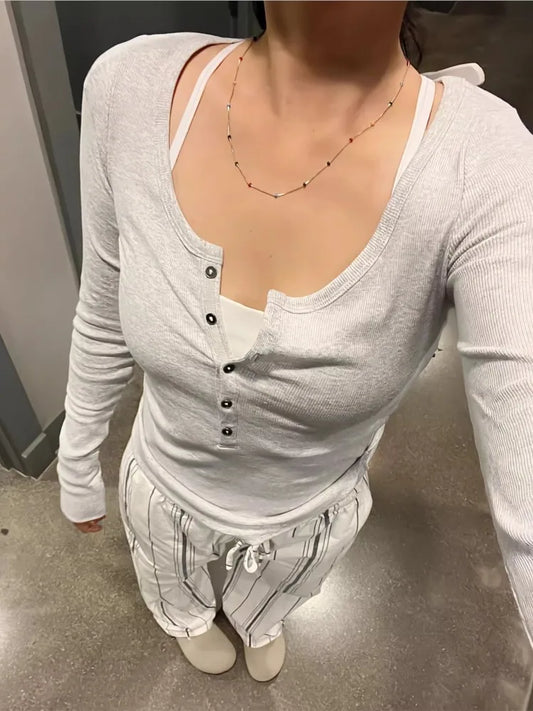 Gray Buttons Long Sleeve Tees Women Autumn Cotton Casual Vintage Slim T Shirt Tops Shoujo Clothes Simple Basic Vintage T-shirts