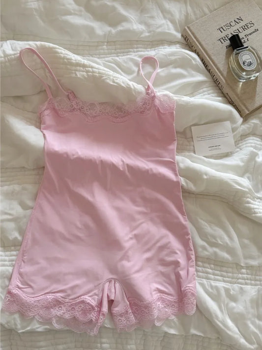 Pink Lace Trim Slim Playsuits Woman Chic High Elasticity Adjustable Strap Skinny Bodysuit Fashion Simple Smooth One-piece Tops