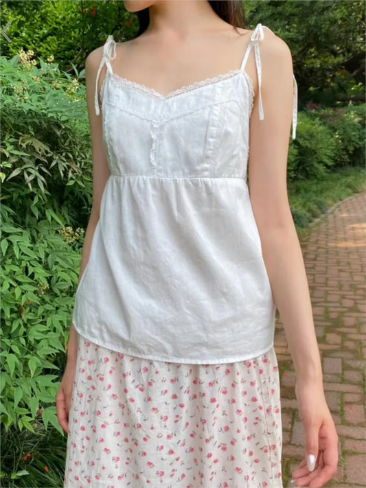 Sweet White Lace Trim Tank Tops Women Summer New Casual V-neck Lace-up Sleeveless Camisole Female Cute Preppy Style Vest Y2K Top