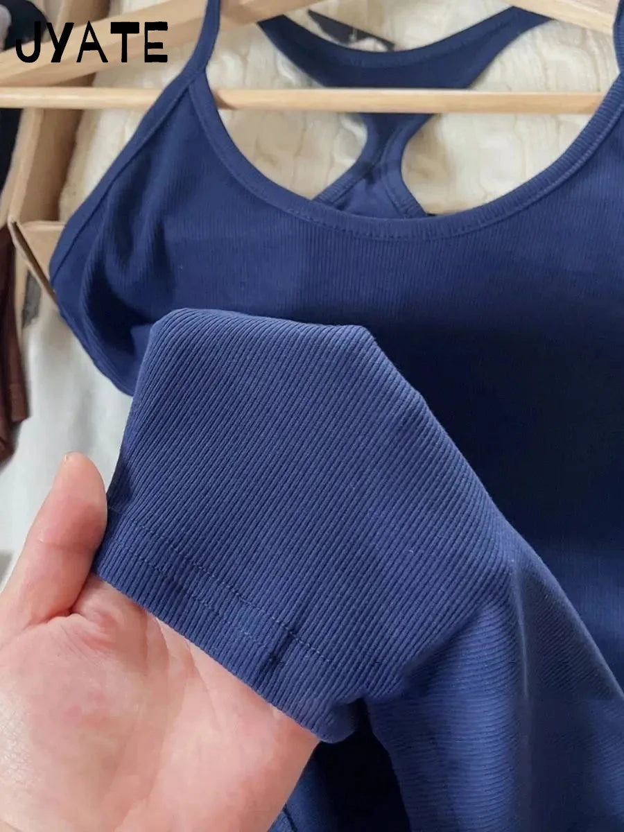 Harajuku Navy Blue Ribbed U-neck Tank Tops Women New Cotton Basic Backless Sleeveless Vests Simple Vintage American Crop Top Y2K