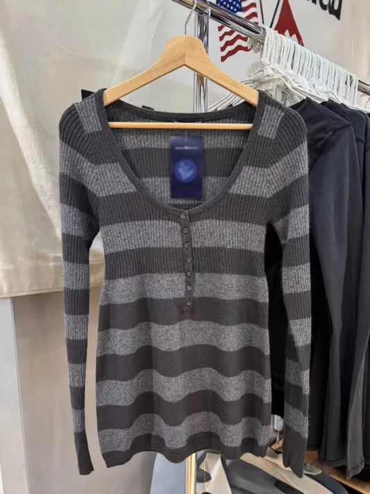 Striped Square Neck Knitwear Women Cotton Streetwear Raw Hem Long Sleeve Pullover Top Vintage Preppy Style Sweet Sweaters