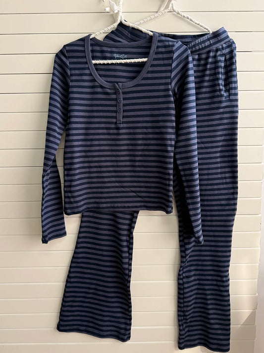 Vintage Buttons 2 Piece Sets Women Navy Striped Cotton Long Sleeve Tee Straight Trousers Home Sweet T-shirt Pant Pajama Set Y2K