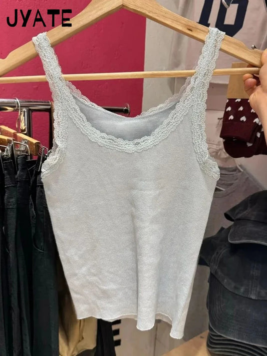 Fashion Blue Lace Trim Slim Cropped Vests Women New Cotton Casual Sexy Basic Sleeveless Tank Tops Sweet Cute Simple Camisole Y2K