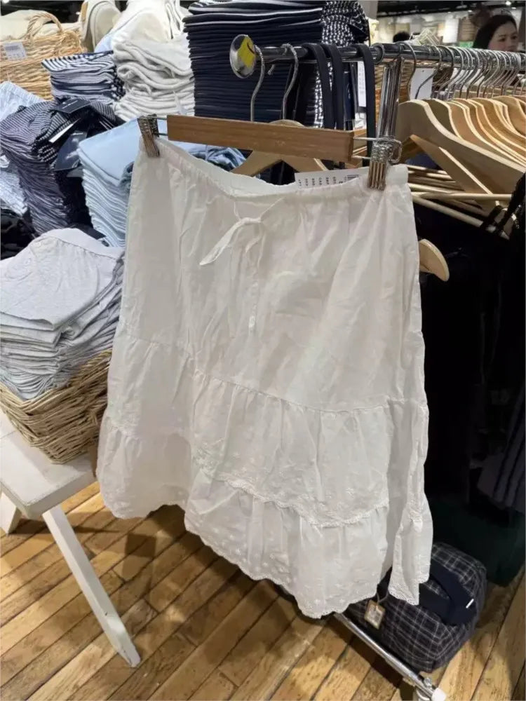 Floral Embroidery Lace Trim Midi Skirt Women White Waist Lace-up Ruffle A-line Faldas Sweet Casual Preppy Style Short Skirts