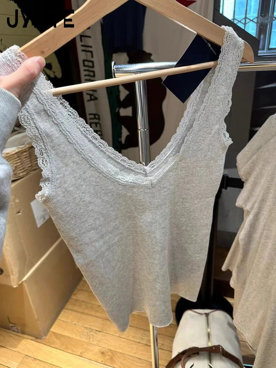 Sexy Slim Lace Trim Sleeveless Vests Women Summer New Cotton Soft Ribbed V-neck Casual Camisole Vintage Basic Chic Tank Tops Y2K
