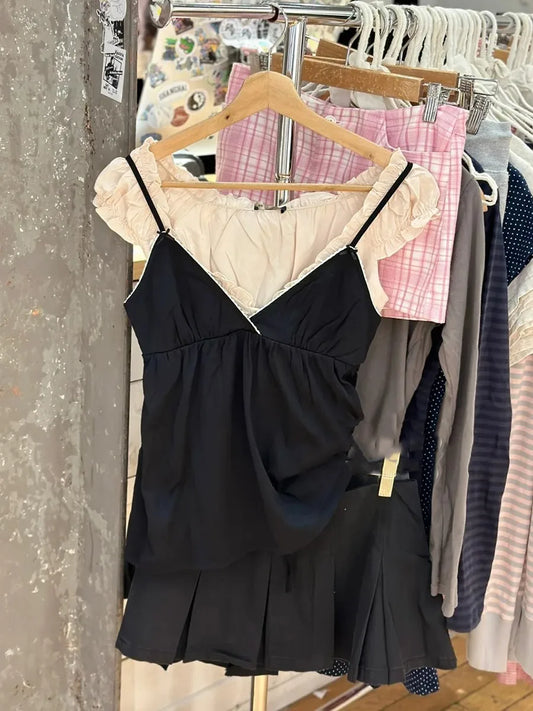 Black Lace Trim Bow Tank Tops Women Summer Casual Streetwear Sleeveless V-neck Sexy Vests Vintage Sweet Preppy Style Camis OOTDS