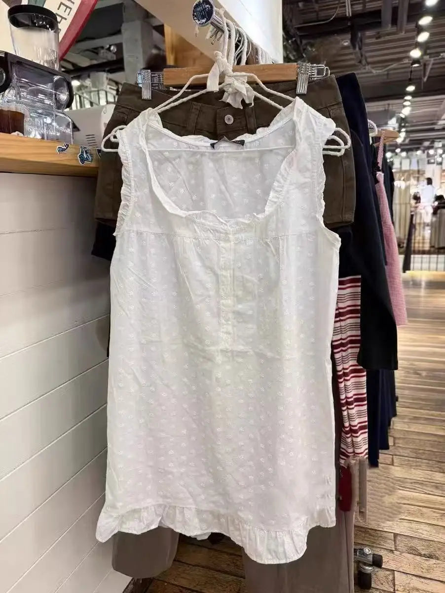 Chic Lace Trim White Mini Dress Women Summer Round Neck Lace-up Sleeveless A-line Short Vestidos Sweet Preppy Style Dresses Y2K