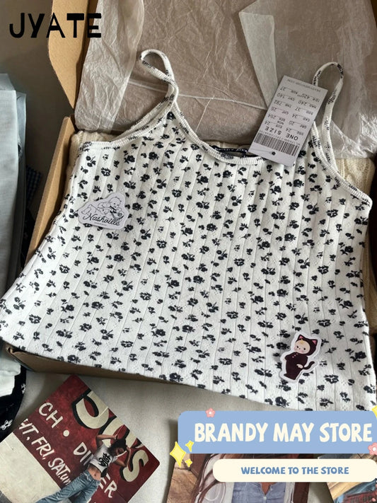 Navy Blue Floral Print Crop Tops Women New Cotton Casual Preppy Style Slim Cropped Sleeveless Vests Sweet Vintage Chic Camisole