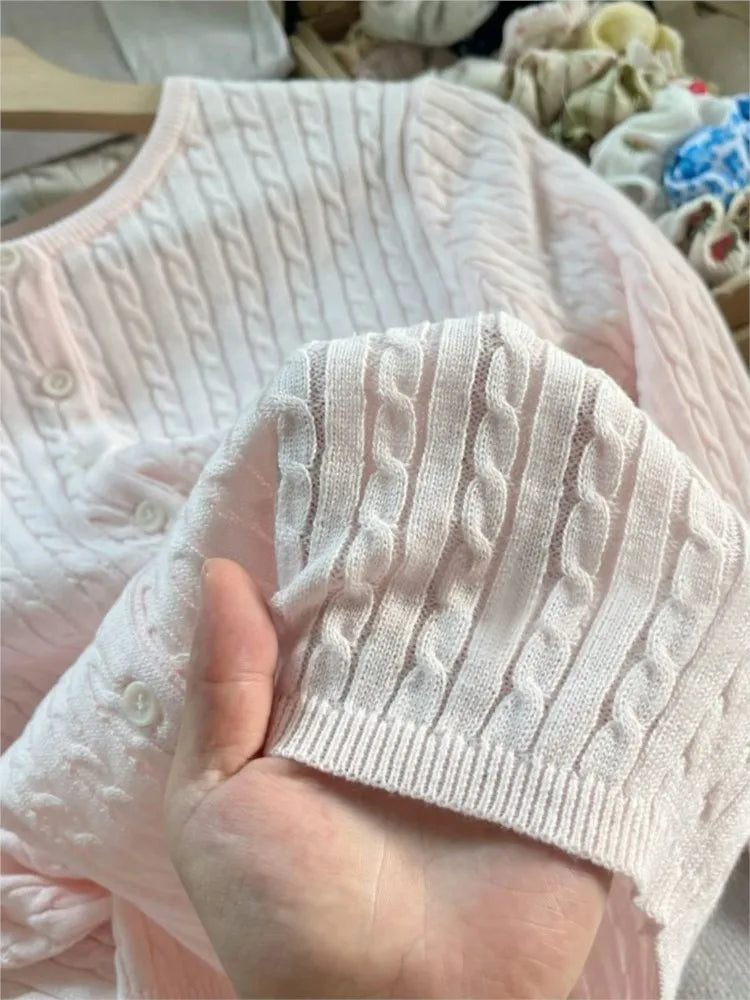Sweet Pink Twist Flower Sweater Cardigan Woman Autumn O-neck Single Breasted Long Sleeve Crop Top Cotton Cute Chic Knitwear Tops