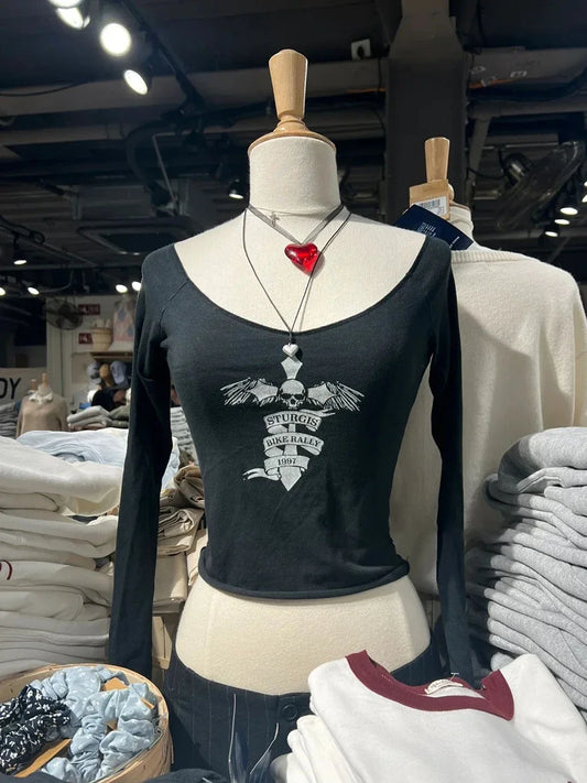 American Cross Print Slim Long Sleeve Crop Top Women Autumn Sexy V-neck Cotton Cropped Tee Vintage Streetwear T-shirts Y2k Tops