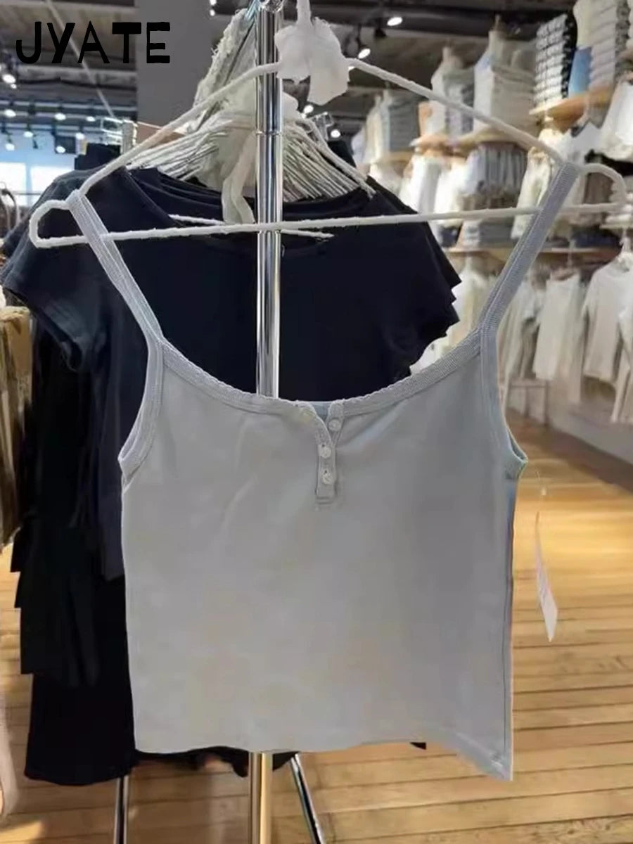 Blue Buttons U-neck Sleeveless Vests Women Summer Cotton Soft Slim Streetwear Casual Tank Tops Femme Sweet Cute Basic Camisole