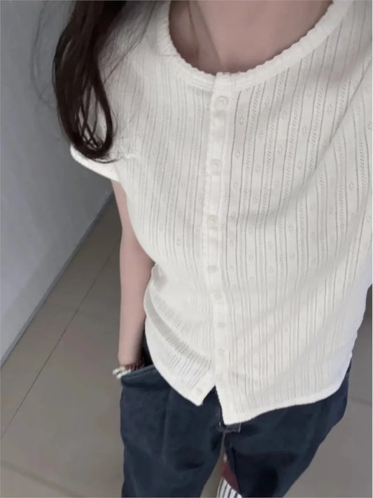 White Eyelet Button T-shirts Women New Casual Streetwear Cotton Lace Trim O-neck Short Sleeve Tees Sweet Simple All-match Tshirt