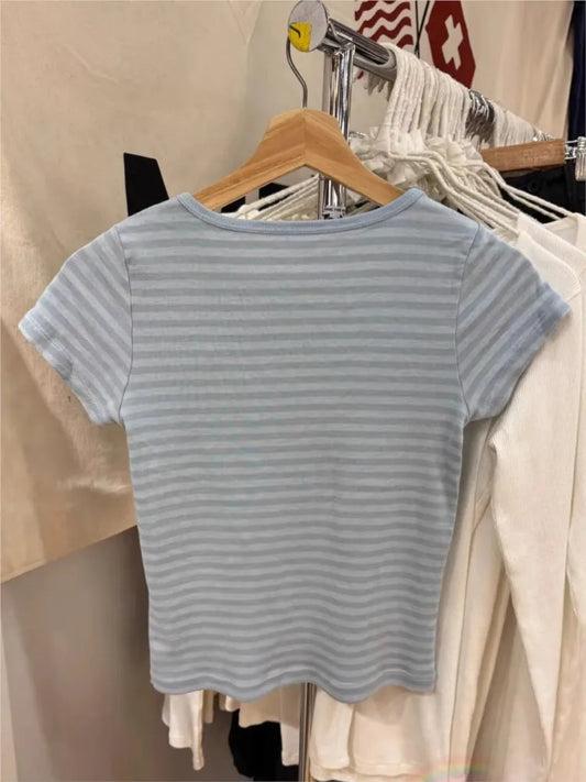 Blue Striped O-neck T-shirts Women Summer Simple Casual Streetwear Slim Short Sleeve Tees Vintage Preppy Style Sweet Tshirt Y2K