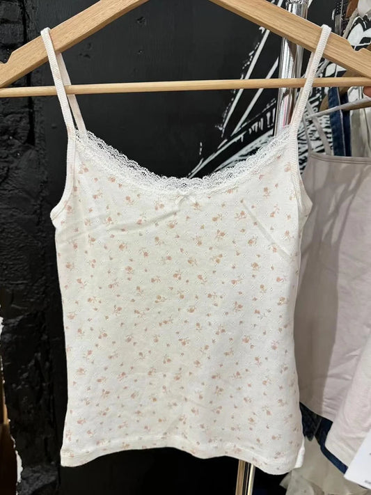 Pink Floral Print Lace Trim Tank Tops Women Summer New Cotton Bow Casual Chic Simple Camisole Girl Sweet Cute Vintage Vests Y2K