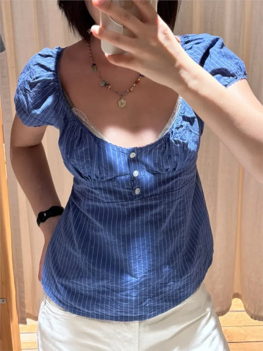 Blue Striped Blouse T-shirts Women Casual Simple Cotton Lace Trim V-neck Button Crop Tops Sweet Cute Preppy Style Tees Clothes