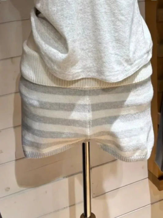 Flanging Knit Shorts Women Spring Elastic Waist Cotton Striped Straight Short Pants Sweet Home Underwear Y2K Sweatshorts