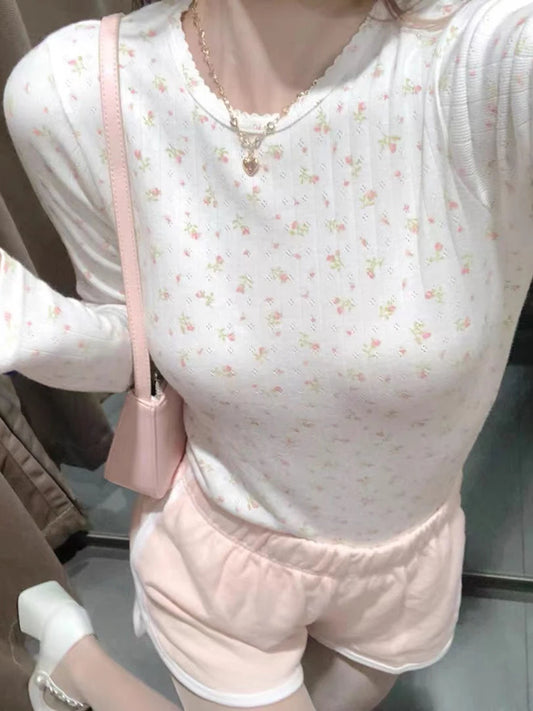Sweet Hollow Out Floral Print T-shirts Women Autumn Cotton Soft Slim O-neck Long Sleeve Tops Simple Vintage Cute Y2K Tee
