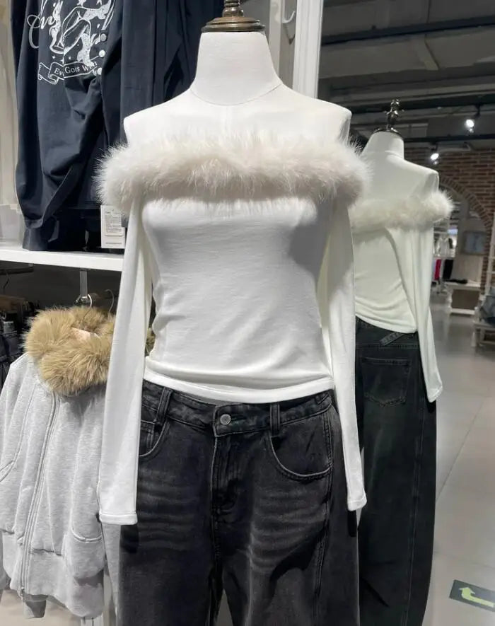 Fur Collar Slash Neck T-shirt Women Spring Chic Streetwear Cotton Slim Long Sleeve Tees Sweet Sexy Cute T-shirts Y2K