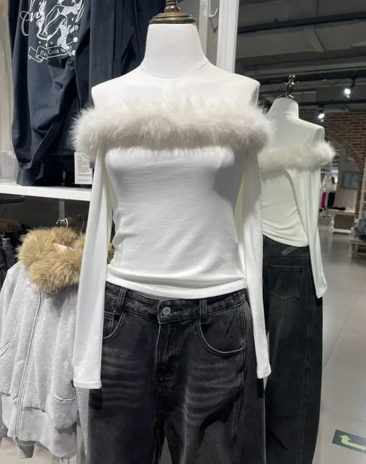 Fur Collar Slash Neck T-shirt Women Spring Chic Streetwear Cotton Slim Long Sleeve Tees Sweet Sexy Cute T-shirts Y2K