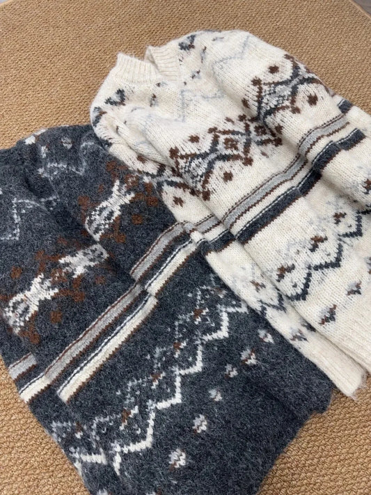Women's Geometric Jacquard Sweater O-neck Long Sleeve Cotton Knitted Pullover Vintage Casual Cozy Jumper Sweet Y2k Autumn Top