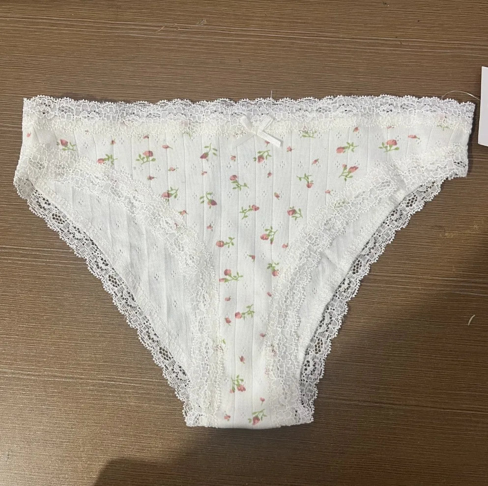 Fashion Floral Print Lace Bow Panitties Women Chic Girls Low Waist Patchwork Cotton Soft Underpants Vintage Sweet Cute Panties