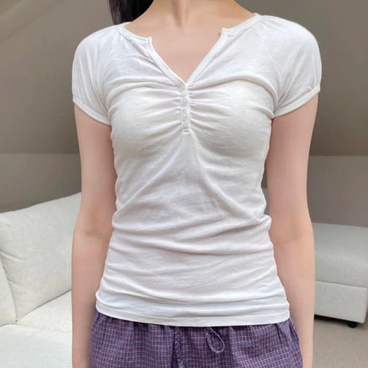 Solid Three Buttons Fold T-shirts Women Summer Streetwear Casual Cotton Slim Short Sleeve Tee Simple Basic Sweet Tshirt Y2K Tops