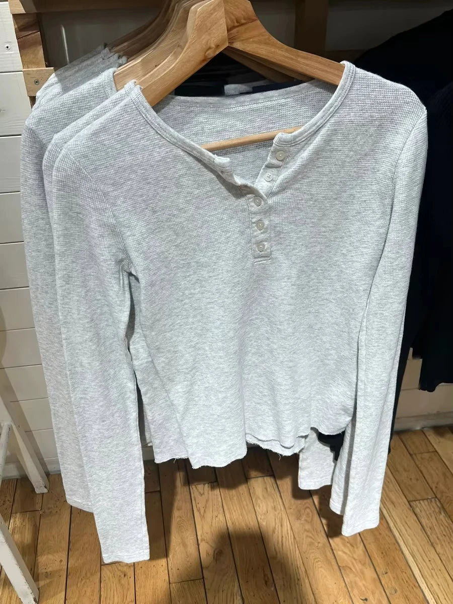 Waffle Button Gray Long Sleeve Tee Women Autumn Cotton Buttons Slim TShirt Zelly Tops Shoujo Clothes Simple Basic Sweet T-shirts