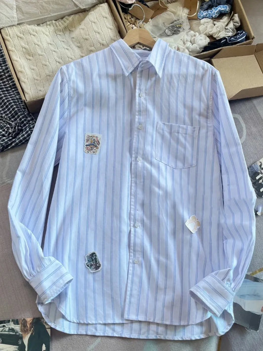 Striped Buttons Long Sleeve Tees Blouse Women Summer Casual Turn down Collar T-shirts Girls Sweet Preppy Style Tshirt Tops Y2K