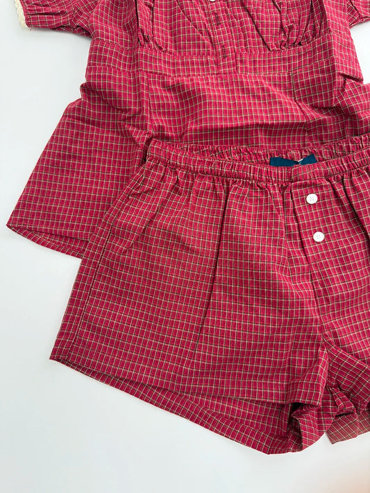 Sweet Red Plaid T-shirt Shorts 2 Piece Sets Women New Lace Trim Buttons Tees+ Casual Straight Sweatshorts Cute Casual Home Set